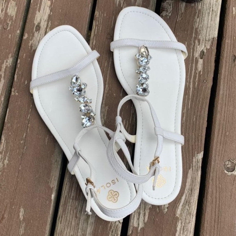 Isola White Flat Strap Jeweled Sandals Size 9
